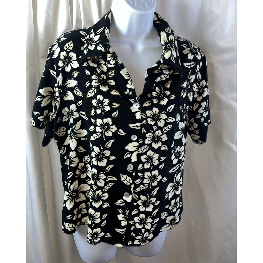 Vintage Charity Women’s Hawaiian Multicolor Biscous Button Front Blouse size L